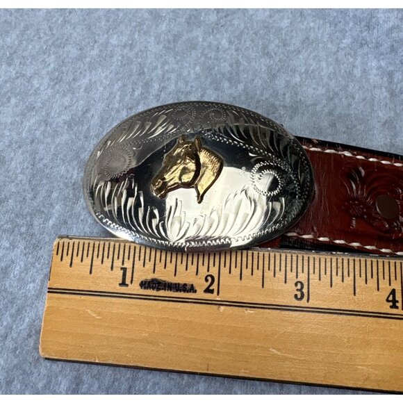 Size 28 Tony Lama Western Tooled Leather Belt w/ Silver & Gold Horse Buckle - Picture 8 of 12